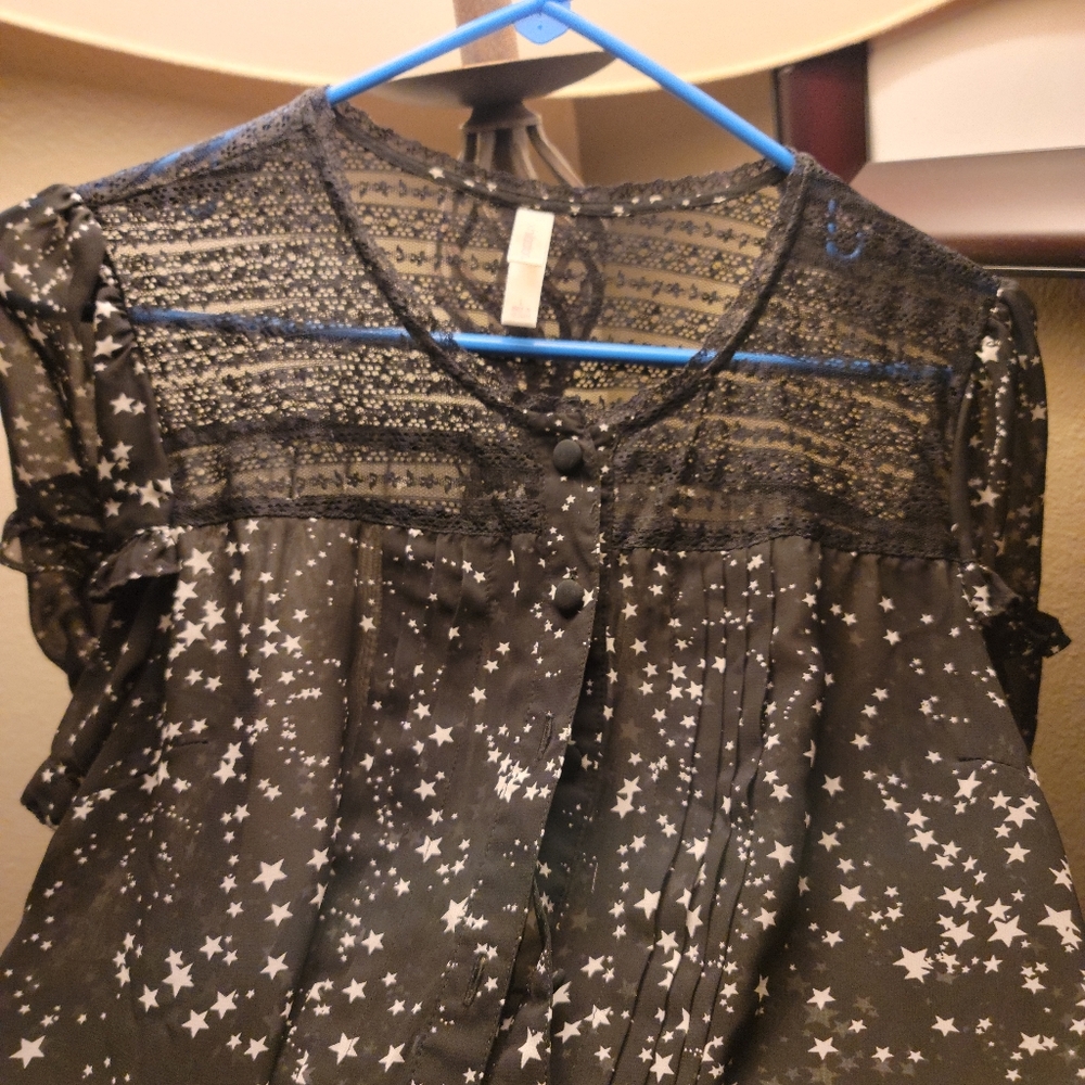 Xhiliration Button Up Sheer Star Blouse Large